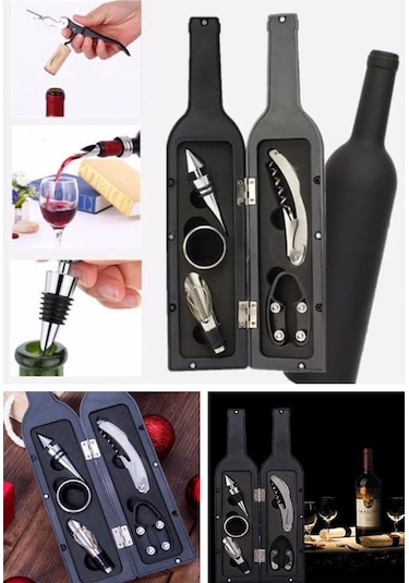 5 Parça Çelik Şişe Açacağı Seti Dekoratif Kılıf İle Şık Hediye Seti , Wine Opener Gift Set Siyah