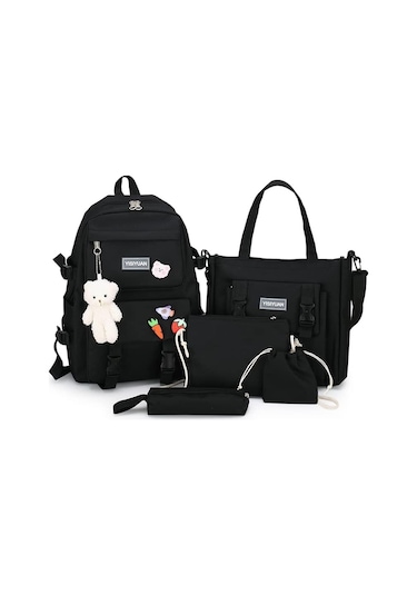 Aromee 5 Parça Set Kadın Laptop Sırt Çantası Tuval Okul Çantaları - Siyah