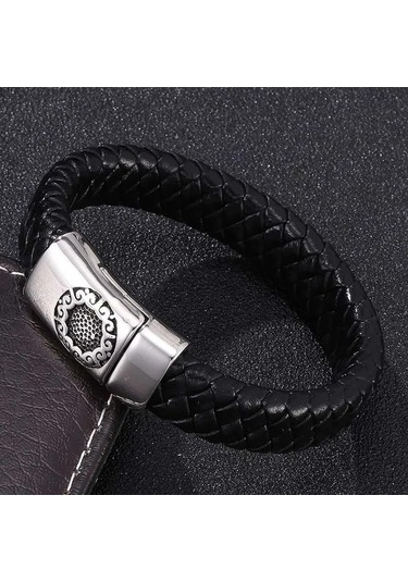Üniseks Örgülü Hakiki Deri Bileklik Paslanmaz Çelik Tokalı Kadınlar Erkekler İçin Hediye Trend Takı Dokuma Bileklik Siyah