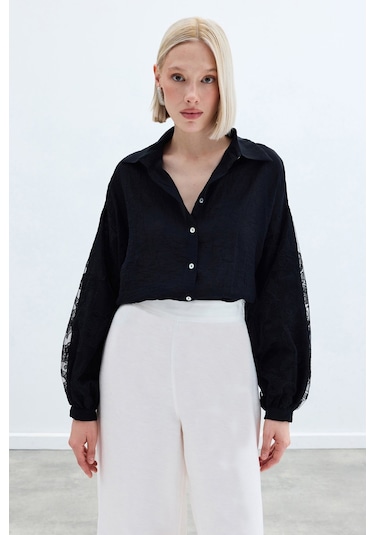 Sateen Nakış Detaylı Kraşlı Gömlek - Siyah-136254 Siyah