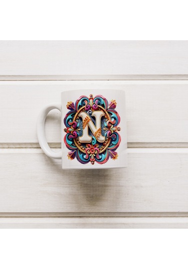 N Harfi Boho Bardak, Renkli Özel Tasarım Hediyelik Harfli Kupa, 330ml Porselen Beyaz