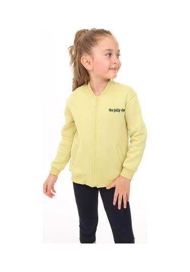 Toontoy Kız Çocuk Kolej Yaka Fermuarlı Cepli Düşük Omuz Nakış Baskılı Örme Hırka - 2 İplik Şardonlu Açık Yeşil