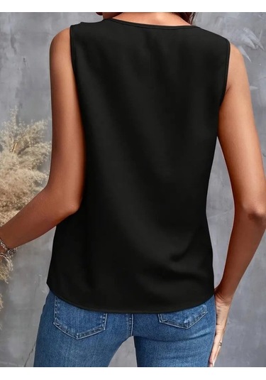 Ge Ticaret Kadın Sıfır Kollu V Yakalı Volanlı Ithal Krep Bluz Siyah