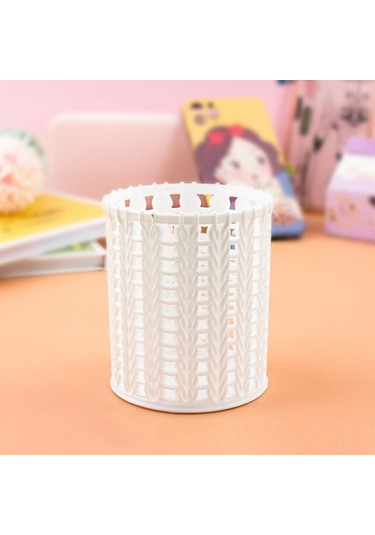 Yaratıcı Rattan Plastik Kalem Tutucu Içi Boş Kutular Öğrenci Masaüstü Ofis Kırtasiye Kova Kalem Bej