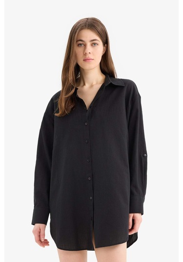 DeFacto Regular Fit Pamuklu Plaj Gömleği-Fall in Love W8241AZ25SMBK27 Siyah