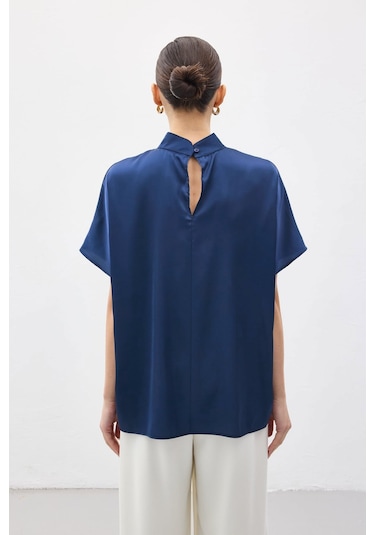 Sateen Yarasa Kol Salaş Bluz - İndigo-137383