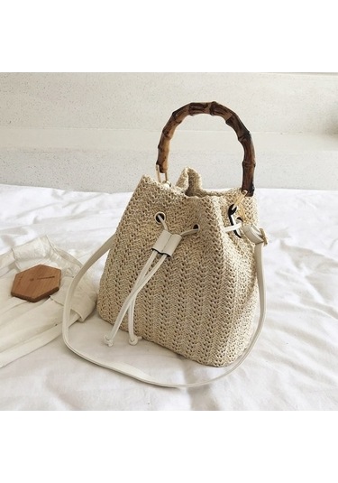 Yihemaoyi Hasır Çanta Omuz Messenger Çanta Bambu Kova Çanta Beyaz İu Beyaz