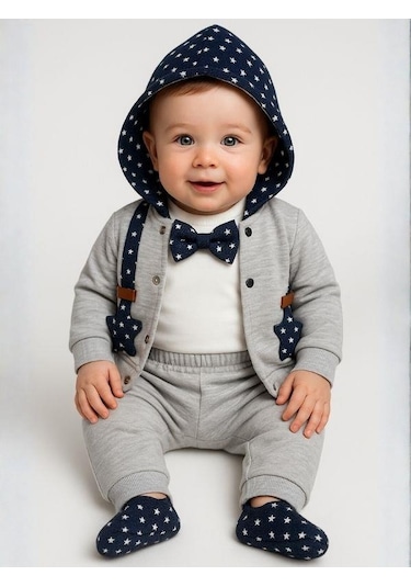 Erkek Bebek Papyonlu Hırkalı 3'lü Eşofman Takımı-16286 Gri