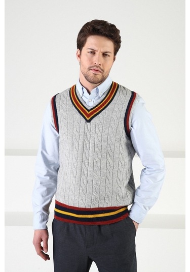 Ferraro Gri Örgü Desenli V Yaka %100 Kuzu Yünü Erkek Süveter