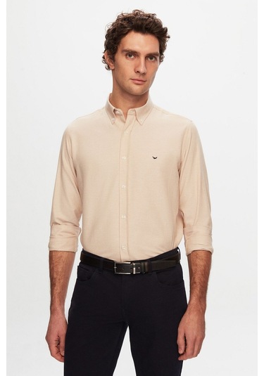 Ds Damat Slim Fit Ekru Oxford Düğmeli Yaka Kolay Ütülenebilir Nakış Detaylı Pamuklu Gömlek 4HC02ORT03265 Ekru