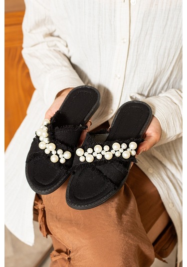 Dabab Shoes Mırella Kadın İncili Hasır Dokulu Düz Şık Siyah Terlik