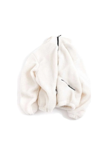No Plan Erkek Oversize Fermuarlı Pelüş Sweat Ceket-Beyaz