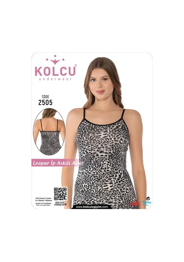 Kolcu Kadın Kar Leoparı Desenli Likralı İnce İp Askılı Premium Atlet Siyah Beyaz Leopar