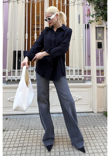 Madmext Lacivert Muslin Kumaş Basic Kadın Gömlek Mg1660 Lacivert