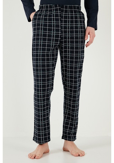 Buratti Ekoseli Cepli Beli Lastikli % 100 Pamuk Regular Fit Erkek Pijama Takımı 6572001 Lacivert-Yeşil