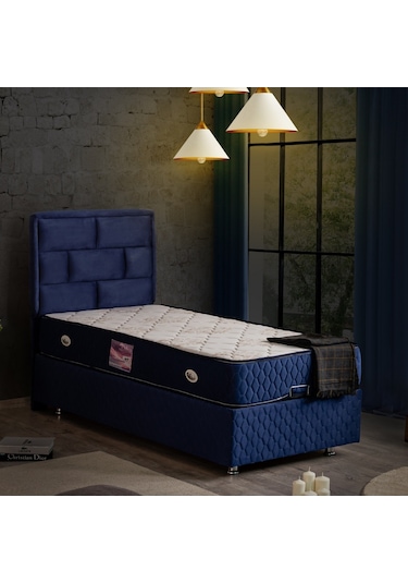 Setaymobilya Diego Tek Kişilik Lacivert Baza + Başlık + Deluxe Ortopedik Yatak