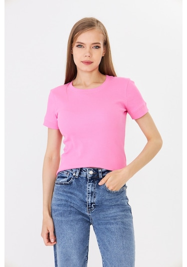 Hdm Kadın Pembe Kısa Kollu Basic Bisiklet Yaka Tişört - H6037