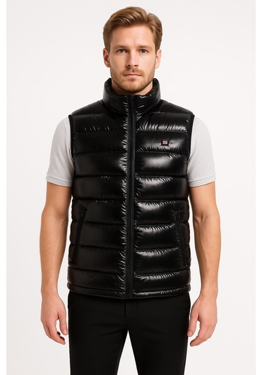 Erkek Siyah Parlak Kumaş Şişme Yelek Siyah