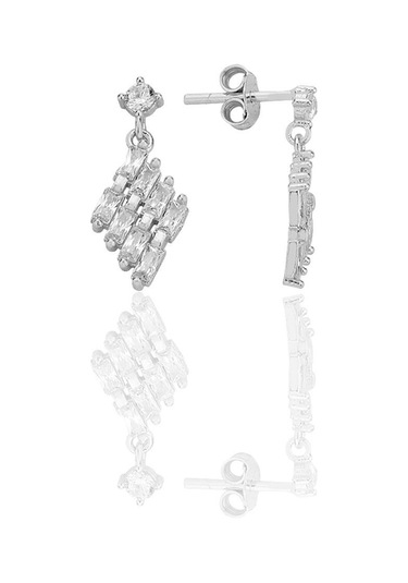 Gümüş Rodyumlu Baget Kesim Zirkon Taşlı Sallantılı Küpe Barcode Gümüş