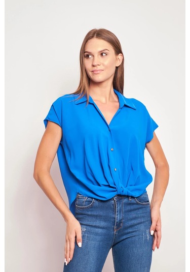 Likrasız Şık Kumaş Yakalı Düşük Omuzlu Önü Pileli Gömlek-Sax Sax