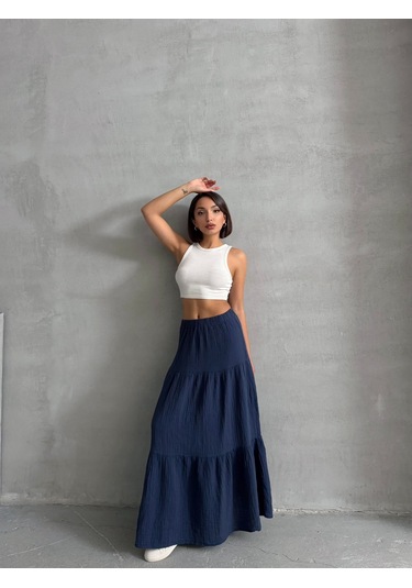 Kadın Pamuklu Maxi Boy Müslin Etek Lacivert Kadın Pamuklu Maxi Boy Müslin Etek Lacivert
