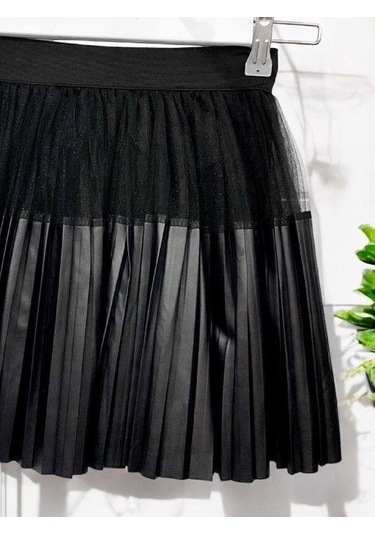 Kız Çocuk Piliseli Deri Tüllü Etek-14835 Siyah