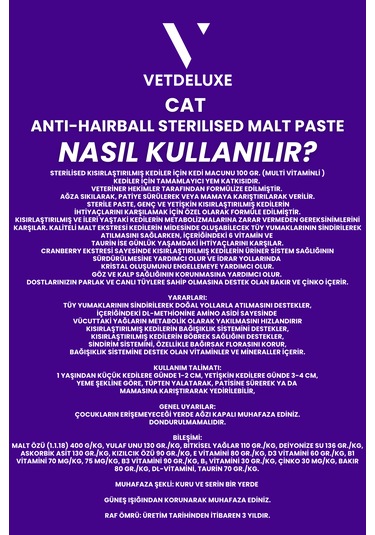 Vetdeluxe Sterilised Malte Paste Kısırlaştırılmış Kedi İçin Tüy Yumağı Önleyici Malt 100 G