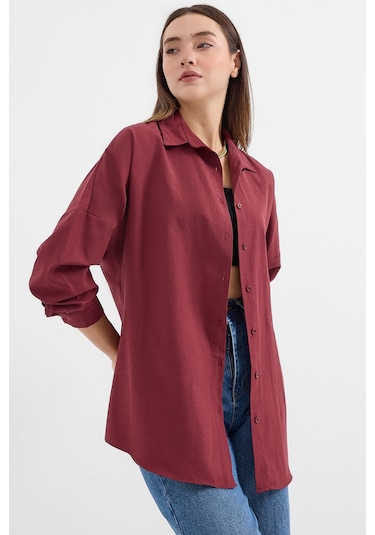 Bigdart 3900 Oversize Uzun Basic Gömlek - Mürdüm 001