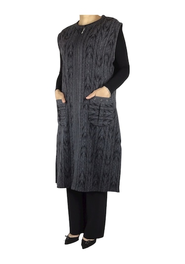 Önü Fermuarlı Desenli Cepli Kalın Kışlık Yelek Siyah