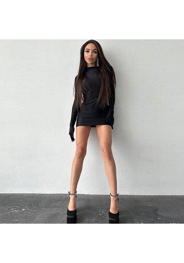 Eldivenli Uzun Kollu Katı Mini Elbise Vücuda Oturan Seksi Sokak Partisi Yarım Yaka Kıyafetler Y2k Giyim Toptan Gül Pembe