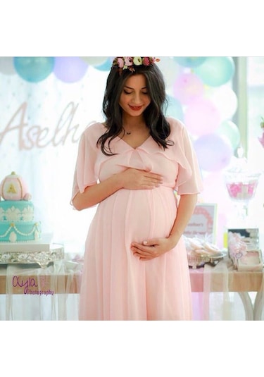 Modalabio Moda Labio- Babyshower Melek Kol Hamile Elbisesi Pudra