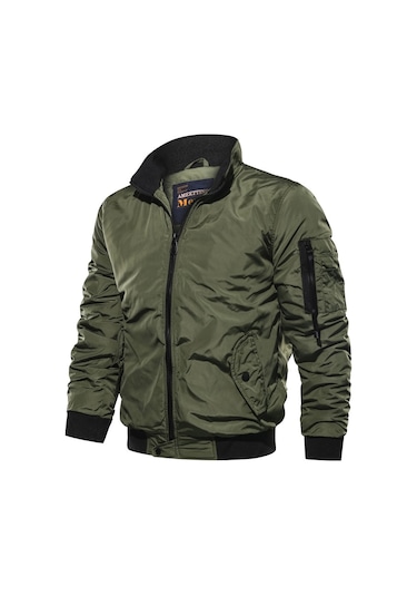 Moda Düz Renk Rahat Dik Yaka Erkek Uçuş Ceketi Yeşil