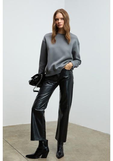 Grımelange Vaneltına Kadın Organik Pamuklu Yumuşacık İçi Polarlı Yuvarlak Yakalı Gri Sweatshirt Gri