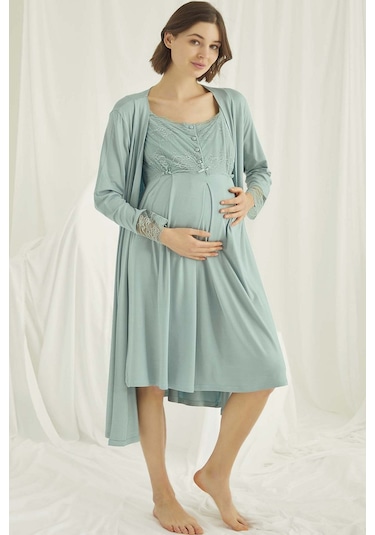 Monamise 18467 Hamile Lohusa Sabahlıklı Gecelik Takım-açıkyeşil