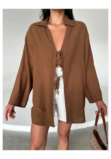 Kahve %100 Keten Bağcık Detaylı Kimono Bluz - 5218 Kahve