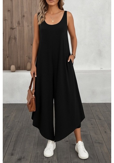 The İstanbul Kadın Askılı Yuvarlak Yaka Cepli Salaş Uzun Viskon Tulum Siyah