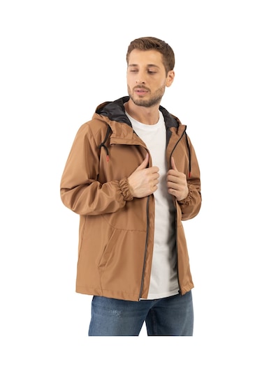 Erkek Taba İçi Astarlı Kanguru Cepli Su Ve Rüzgar Geçirmez Kapüşonlu Cepli Yağmurluk Taba