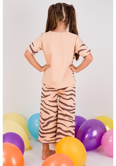 Kız Çocuk Kaprili Takım Zebra Baskılı A83 Açık Kahverengi