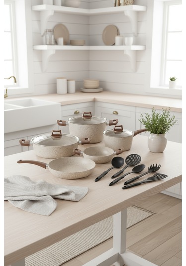 Bernardo Marcel 13 Parça Granit Tencere Seti Krem Krem