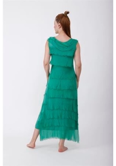 Italyan 2 Beden İnce Gösteren Kat Kat Kolsuz Ipek Elbise-8769 Yeşil