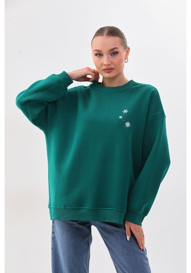 Kallima Oversize Baskılı İçi Polarlı Yeşil Kadın Sweatshirt Yeşil