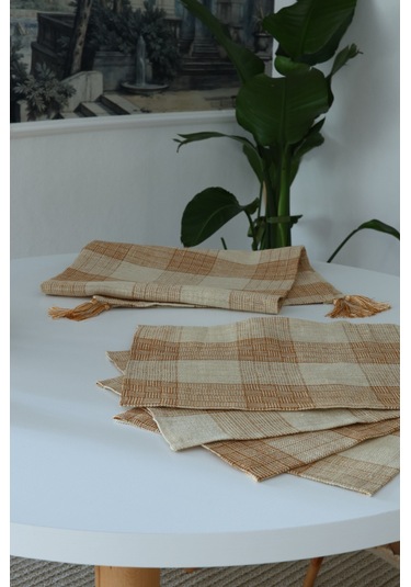 Yakacihome Juta Tarçın 5 Parça 4 Parça Amerikan Servis & 1 Parça Püsküllü Runner Jüt Kumaş Sofra Seti Tarçın