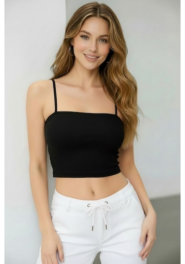 Fb Sister İp Askılı Fitted Fitilli Crop - Siyah Siyah