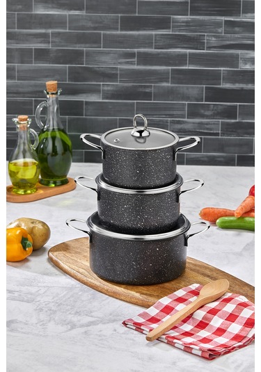 Polochef Hilal Granit 3'lü Mini Tencere Seti 12-14-16 Cm Kapaklı Siyah Siyah