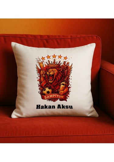 Bk Gift Kişiye Özel Sarı Kırmızı 5 Yıldız Aslan Taraftar Tasarımlı Beyaz Kırlent Yastık-6, Taraftar Hediyesi, Doğum Günü Hediyesi, Arkadaşa Hediye Kob