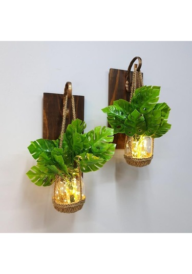 Duvar Dekoru, Led Işıklı, Deve Tabanı Çiçekli, Ceviz Aplik İkili Set