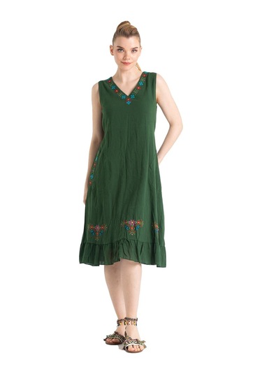 Kolsuz Şile Bezi Mehtap Midi Boy Elbise Yeşil