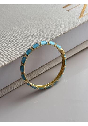 Taş Detaylı Mavi Mineli Altın Kaplama Kelepçe Bilezik Işıltılı Kadın Çelik Takı Altın