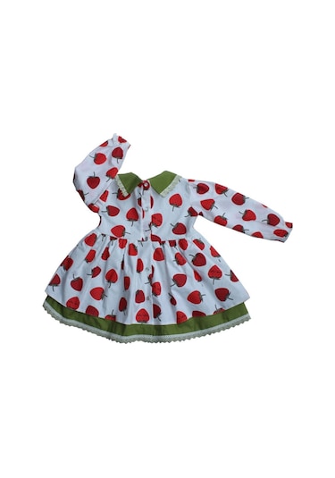 Bebe Yaka Çilek Desenli Dantel Detaylı Kız Çocuk Bebek Elbise 001