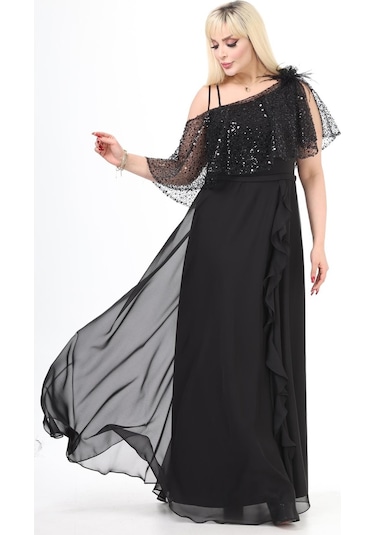 Ladies First Büyük Beden 3858 Siyah Uzun Abiye Elbise 001